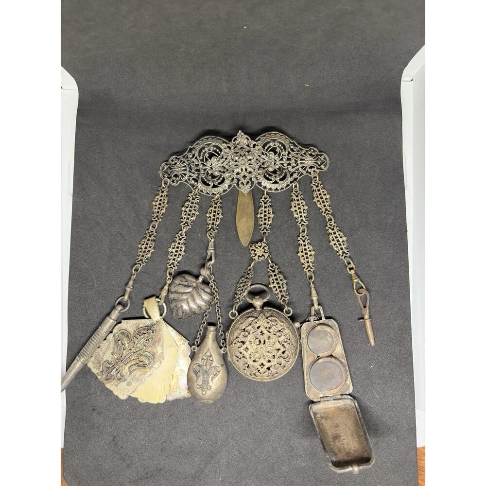 Rare Victorian Chatelaine 19C 7 Piece Scent Bottle Watch Powder Compact Notebook - Picture 4 of 13